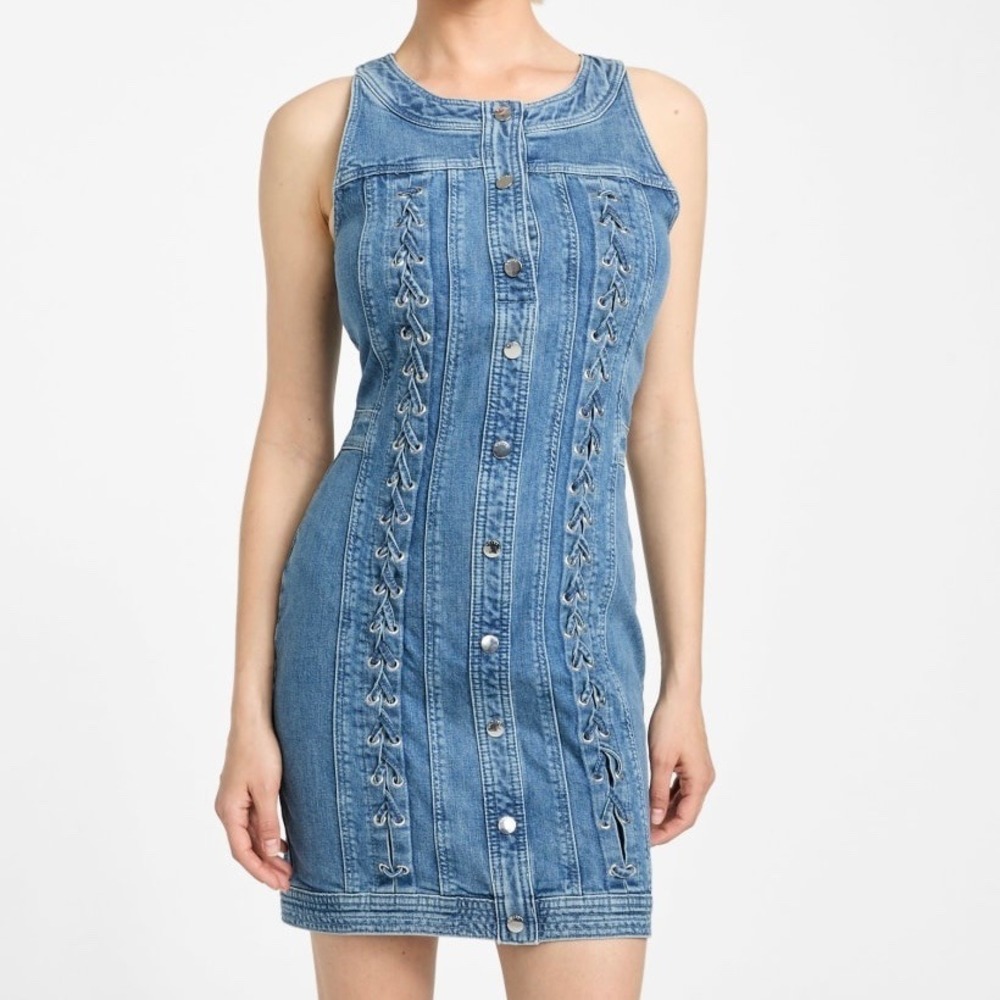 Guess Womens Denim Lace Up Front Button Mini Dress Blue Sleeveless Y2K